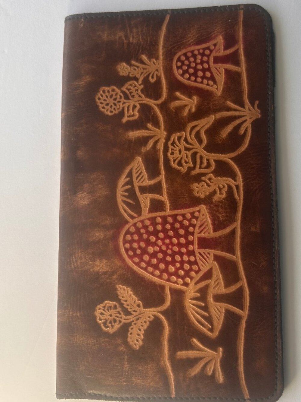Artisan Brown Hand-Tooled Leather Checkbook Cover/Long Wallet Boho Mushroom - Picture 8 of 8